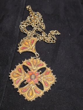 Gold-Tone Floral Pendant Necklace with Coral Accents